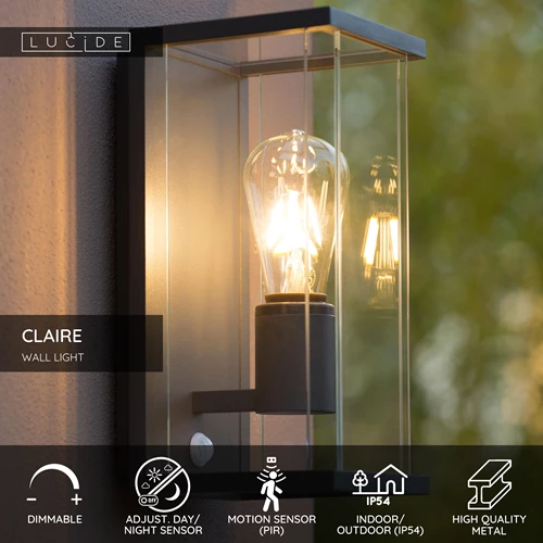 Lucide CLAIRE - Wall light Indoor/Outdoor - 1xE27 - IP54 - Motion & Day/Night Sensor - Anthracite - USP